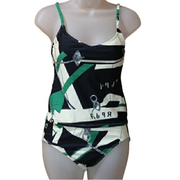 Vintage 90s Y2K Lauren Ralph Lauren Chain Bit Green 2-Piece Tankini 8 - Picture 1 of 11
